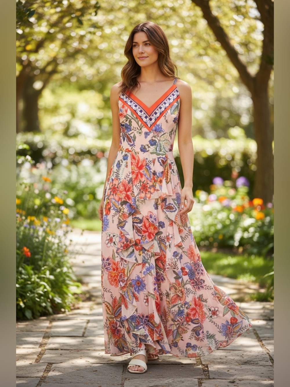 Eliza J Peach Floral Maxi Dress with Red Trim
